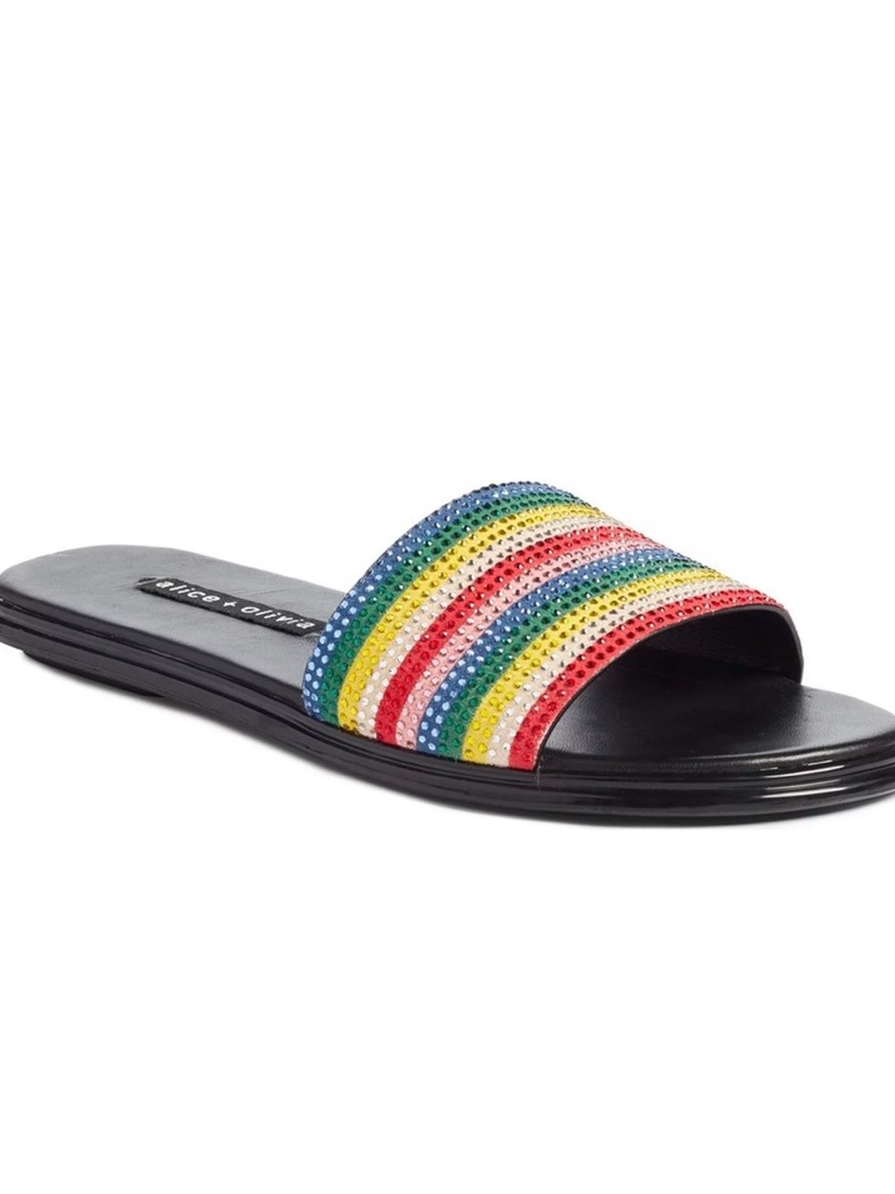 Alice + Olivia Tami Crystal Embellished Slide Sandals Black & Multi Size 8